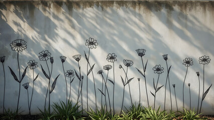 Metal flower art attached to a weathered concrete wall, with shadows of trees cast upon it.