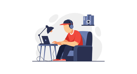 Young person focused on a laptop in a cozy home setting, wearing headphones. Ideal for remote work, online education, and digital leisure.