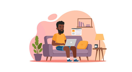 African American man working remotely on a laptop from his comfortable living room sofa. Represents modern work, freelance, and flexible lifestyle.