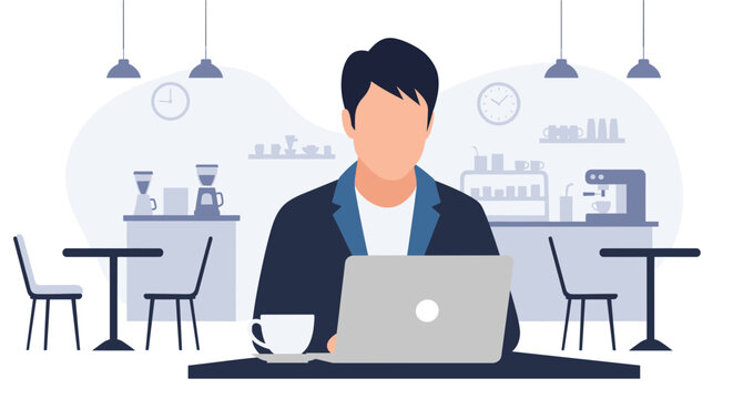 Professional male working remotely on a laptop in a modern cafe setting, symbolizing productivity, business, and flexible work.