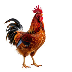 Fototapeta premium Colorful Rooster Strutting Confidently on Farmyard Landscape