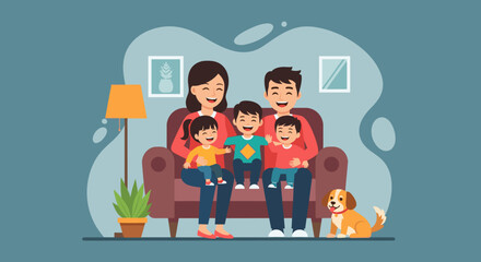 Joyful animated family of five and their dog enjoying quality time together on a cozy living room sofa. Represents happiness, togetherness, and secure family life.