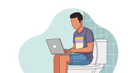 Person on toilet using laptop, illustrating remote work, privacy, and digital connection from unexpected places. Flexible work concept.