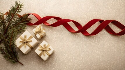 Festive holiday composition with gifts, tree branch and ribbon on shimmering golden surface with copy space for your greeting.