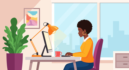 Focused Black woman working remotely at her home office desk with a computer and coffee, embodying productivity and modern professional life.
