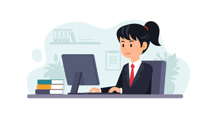 Professional woman in business attire working diligently on a computer at her office desk. Represents business, productivity, and modern work.