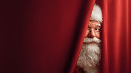 Santa Claus curiously peers out from behind a vibrant red curtain, creating a joyful and anticipatory festive atmosphere.