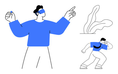 Two individuals interacting with virtual reality, one pointing and another in an action pose, with abstract plants. Ideal for technology, gaming, innovation, learning, creativity, future concepts