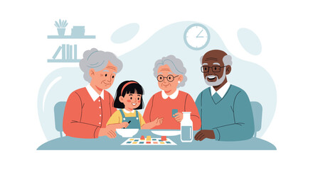 Joyful diverse family, multi-generational, playing board game at home. Happy bonding time, leisure activity, learning, and togetherness concept.