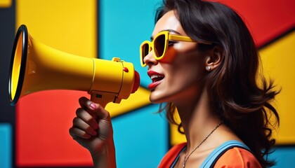 Woman in yellow sunglasses holds yellow megaphone shouting. Dynamic pop art background with blue, red, yellow geometric shapes. Modern influencer marketing, social media promotion, bold announcement