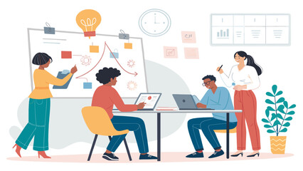 Diverse team collaborating in a modern office, brainstorming ideas and developing strategies. Perfect for business, innovation, and teamwork concepts.