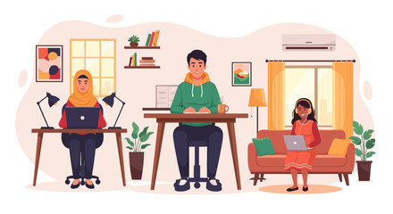 Diverse individuals collaborate remotely from their comfortable home workspaces, highlighting modern productivity and flexible work arrangements.