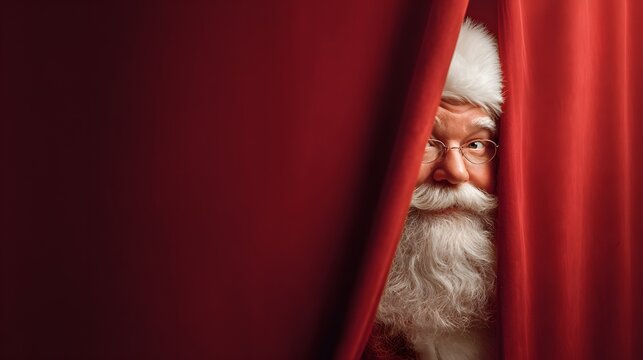 Santa Claus curiously peers out from behind a vibrant red curtain, creating a joyful and anticipatory festive atmosphere.