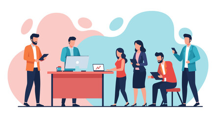 Diverse business team collaborating and utilizing technology in a modern office setting. Represents teamwork, productivity, and professional communication.