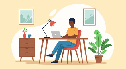 A young man works efficiently from his home office, embodying modern remote work and digital nomad lifestyle.