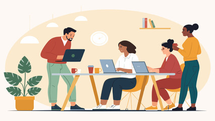 Diverse team collaborating in a modern office, working on laptops and sharing ideas. Ideal for business, technology, or corporate lifestyle content.