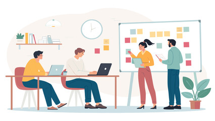 Professionals collaborate in a modern office, brainstorming ideas on a whiteboard. Illustrates teamwork, project management, and business productivity.