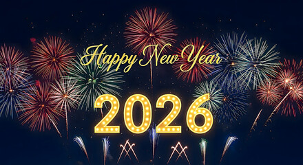 Celebrate Happy New Year 2026 with vibrant fireworks display against a dark blue night sky background