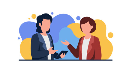 Two professional women in a colorful, abstract setting, engaged in a business discussion. Represents collaboration, consulting, or teamwork.