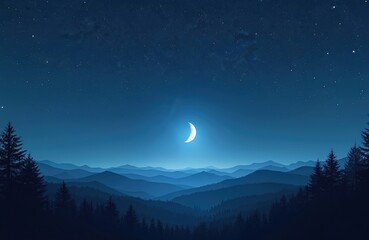 Illustration of vast forested mountain range under starry night sky. Bright crescent moon illuminates horizon. Silhouetted pine trees frame foreground, creating tranquil, serene wilderness atmosphere.