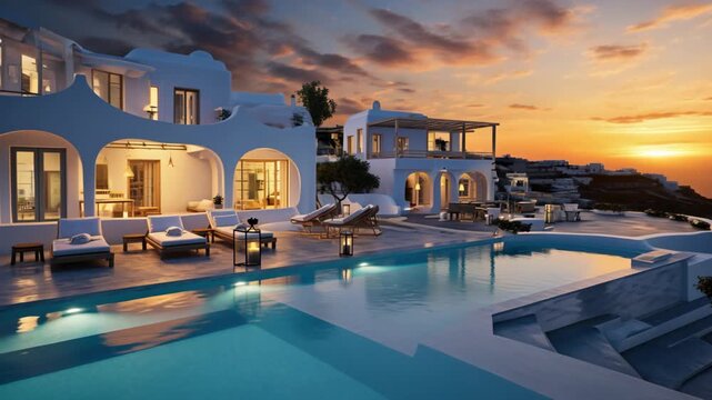 Luxury infinity pool and hotel with view of Mediterranean Sea at sunset, modern white villa on beach in Greece, theme of Greek resort