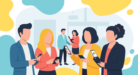 Diverse group of people immersed in their smartphones, illustrating digital communication and connection in a modern work or social setting.