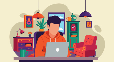 Person working remotely on a laptop in a colorful, modern home office. Ideal for concepts of remote work, productivity, and flexible lifestyles.