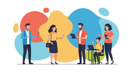 Modern diverse team engaging in digital communication and collaboration using laptops and smartphones, symbolizing networking and business synergy.