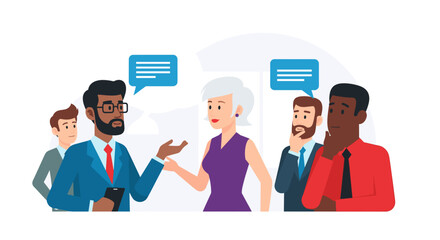 Diverse business professionals engage in a collaborative discussion, sharing ideas and strategies. Ideal for concepts of teamwork, communication, and problem-solving.