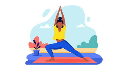 Fototapeta premium Woman in yoga Warrior pose on a mat, symbolizing fitness, balance, and mindful well-being. Perfect for health and lifestyle designs.