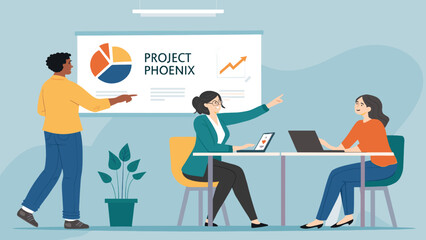 Diverse business team collaborating on a project presentation, analyzing data and strategizing for growth in a modern office environment.