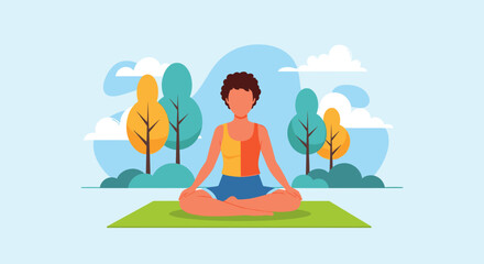 Illustration of a person meditating outdoors on a yoga mat in a serene park setting, embodying peace and mindfulness. Ideal for health, wellness, and lifestyle content.