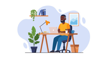 Happy African American man working remotely on a laptop in his comfortable home office. Concept of modern digital lifestyle and productivity.