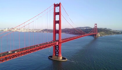 Fototapeta premium Panoramic view of a majestic red bridge spanning a body of water, with a city skyline in the background