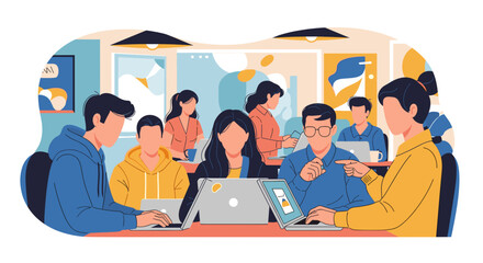 Diverse team collaborating in a modern office space, engaged in teamwork and digital work. Ideal for business, technology, and innovation concepts.