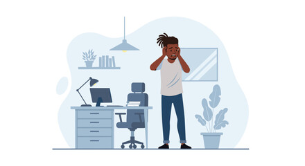A stressed man holding his head in a home office, overwhelmed by work or problems. Depicts anxiety, burnout, or frustration in a professional setting.