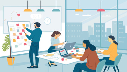 A diverse business team collaborates in a modern office, planning strategy with a kanban board and laptops, symbolizing teamwork, innovation, and productivity.
