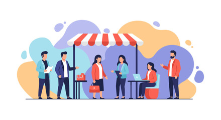 Vibrant illustration of entrepreneurs and customers at a market stall, showcasing small business, retail, and digital commerce interactions. Ideal for business, startup, and e-commerce concepts.