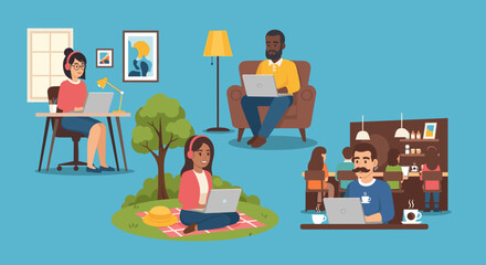 Diverse people working remotely from home, outdoors, and cafes, illustrating modern flexible work arrangements and digital nomad lifestyle.