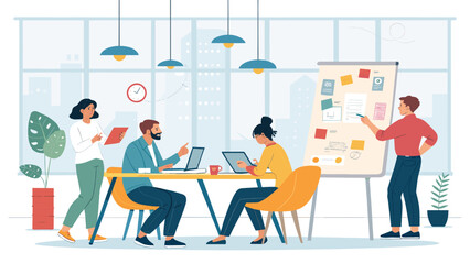 Diverse business team collaborating in a modern office meeting, discussing ideas and planning strategy for growth and success. Professional teamwork concept.