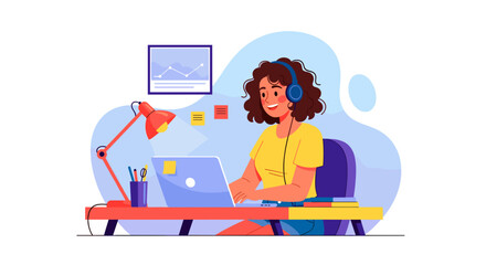 Smiling woman in headphones works happily on a laptop at a desk, embodying remote work, online learning, and productivity in a modern setting.