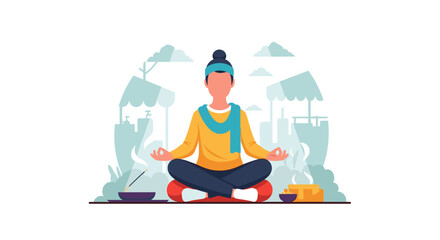 Serene illustration of a person meditating in lotus position with incense, embodying peace, mindfulness, and spiritual well-being for wellness concepts.