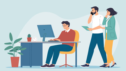 Engaged business professionals collaborate and communicate in a modern office environment, highlighting teamwork, productivity, and digital work. Ideal for corporate themes.