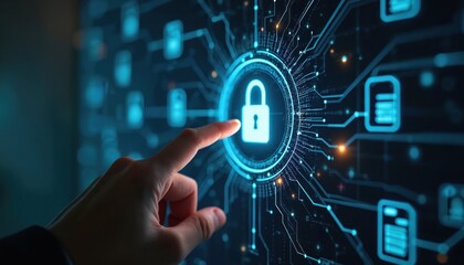 Futuristic cyber security concept. Hand touches glowing padlock icon on digital network interface, activating data protection, system access. Encrypted information, cyberspace security innovation.