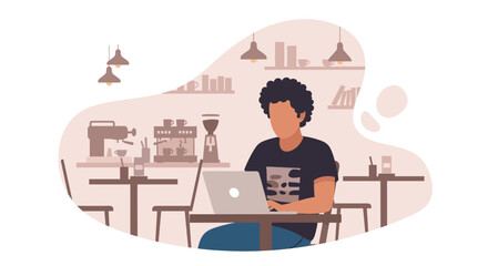 Young person focused on laptop in a modern cafe, symbolizing remote work, online learning, and a productive lifestyle.