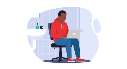 Man in red hoodie working on laptop in a bathroom. Represents remote work, productivity, and flexible office solutions from unusual places.