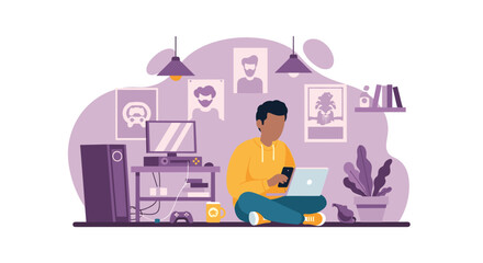 Young person working or studying remotely from home with a laptop and smartphone in a comfortable, modern room setup. Ideal for digital lifestyle, education, or technology themes.