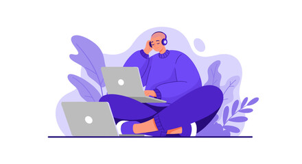 Relaxed person working or learning remotely with two laptops and headphones, surrounded by abstract nature. Ideal for digital lifestyle, comfort, and productivity concepts.