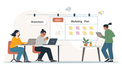 Businesswomen collaborate on a marketing plan, brainstorming ideas and strategies in a modern office setting. Ideal for teamwork and professional concepts.