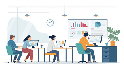 Diverse team of professionals working productively in a modern office, analyzing data and charts on computers. Ideal for business, technology, and finance concepts.
